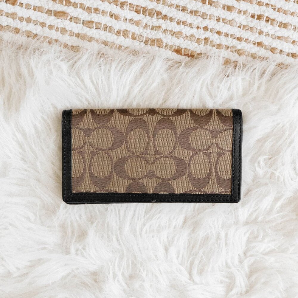 Coach Checkbook Cover Signature CC Black Brown Leather & Canvas Classic
